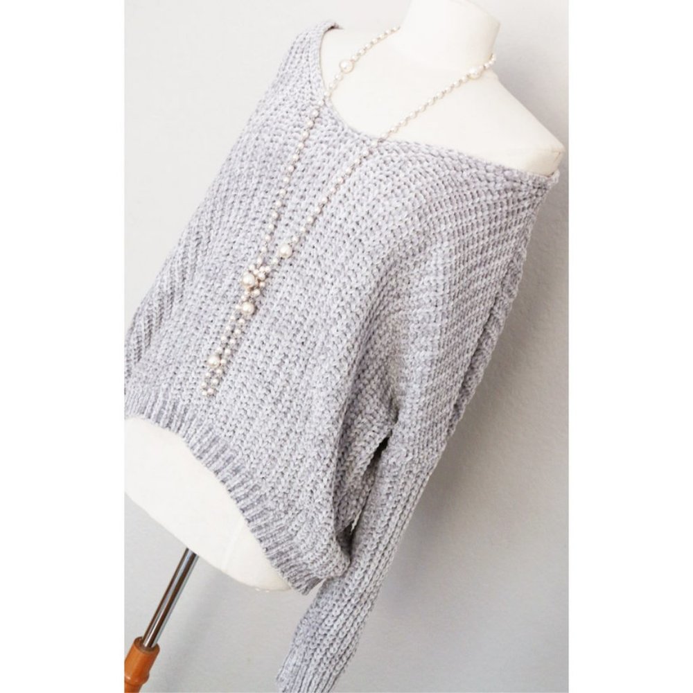 Pale Grey Off Shoulder Soft Chenille VNeck Sweater - Picture 5 of 8